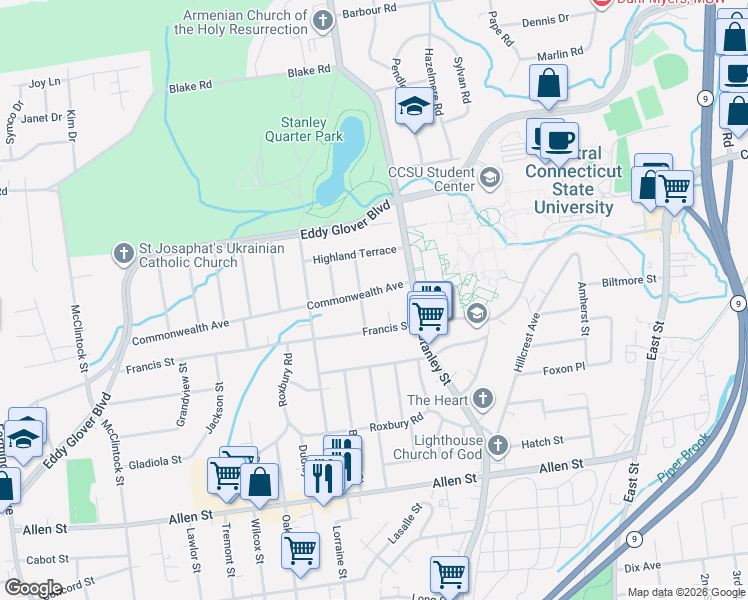 map of restaurants, bars, coffee shops, grocery stores, and more near 475 Commonwealth Avenue in New Britain