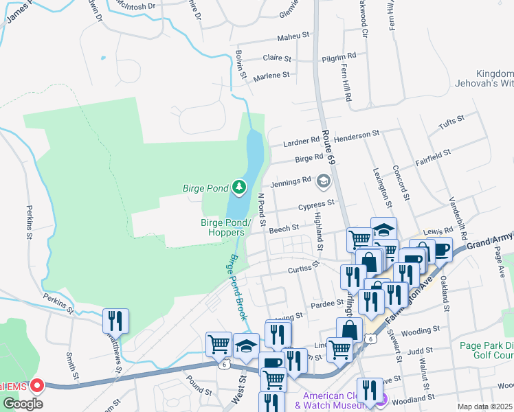 map of restaurants, bars, coffee shops, grocery stores, and more near 124 North Pond Street in Bristol