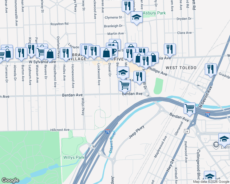 map of restaurants, bars, coffee shops, grocery stores, and more near 3814 Berkeley in Toledo