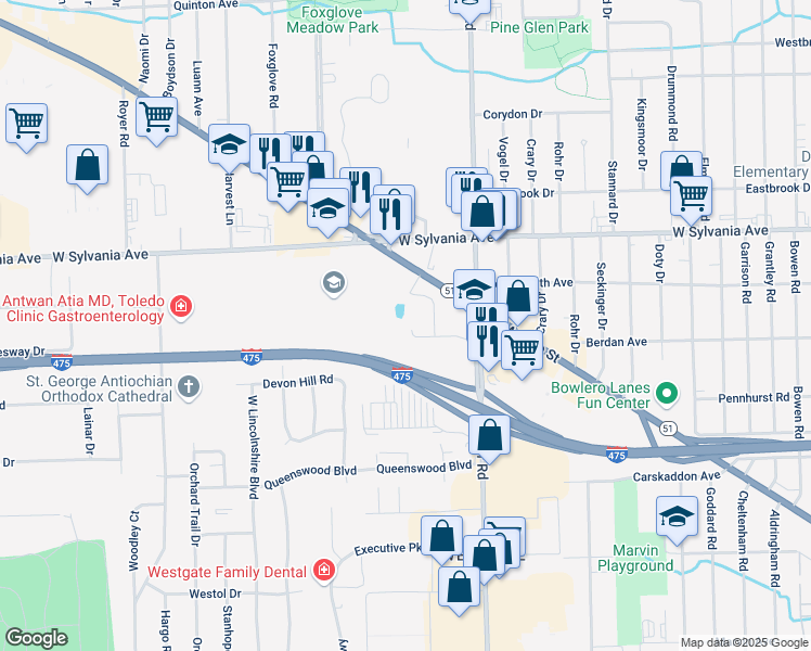 map of restaurants, bars, coffee shops, grocery stores, and more near 3837 Secor Rd in Toledo