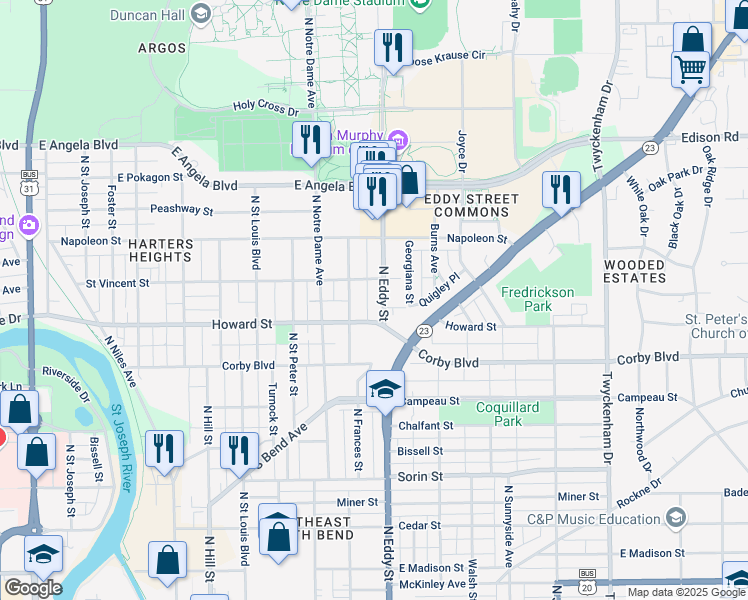 map of restaurants, bars, coffee shops, grocery stores, and more near 1006 St Vincent St in South Bend