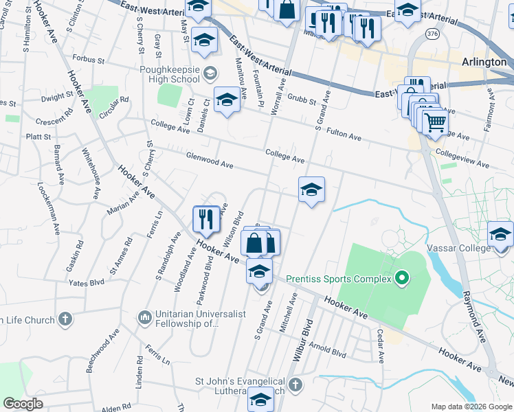 map of restaurants, bars, coffee shops, grocery stores, and more near 36 Meyer Avenue in Poughkeepsie