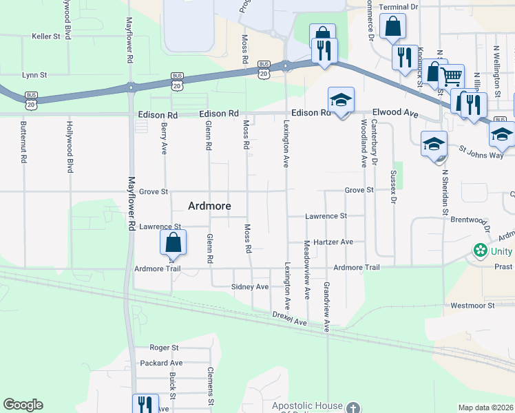 map of restaurants, bars, coffee shops, grocery stores, and more near 23042-23086 Grove Street in South Bend