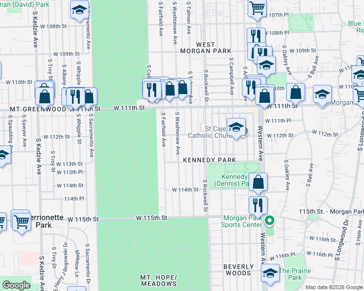 map of restaurants, bars, coffee shops, grocery stores, and more near 11212 South Washtenaw Avenue in Chicago