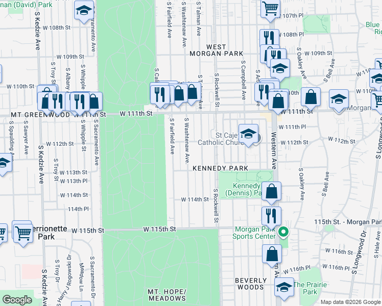 map of restaurants, bars, coffee shops, grocery stores, and more near 11212 South Washtenaw Avenue in Chicago