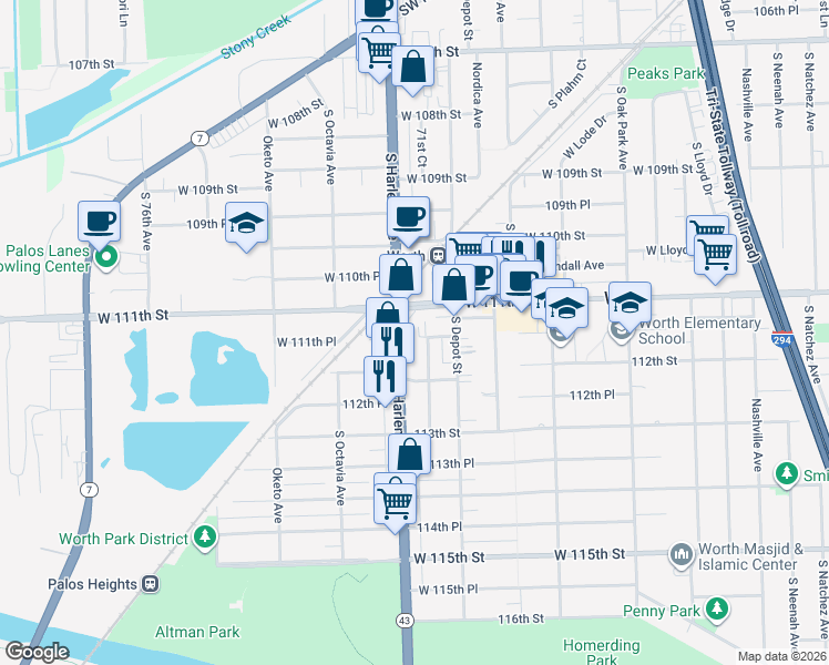 map of restaurants, bars, coffee shops, grocery stores, and more near in Worth