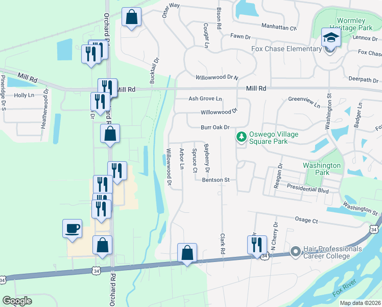 map of restaurants, bars, coffee shops, grocery stores, and more near 502 Arbor Lane in Oswego