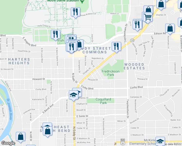 map of restaurants, bars, coffee shops, grocery stores, and more near 1016 Duey Street in South Bend