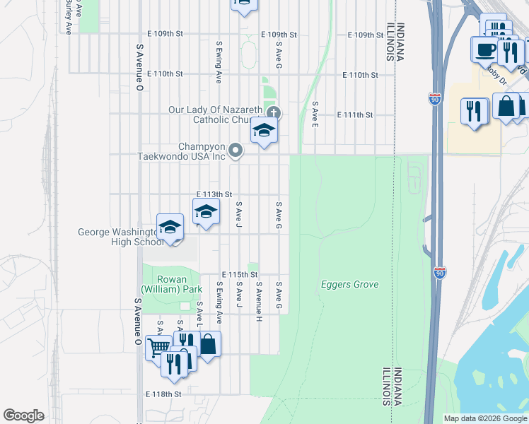 map of restaurants, bars, coffee shops, grocery stores, and more near 11315 South Avenue H in Chicago