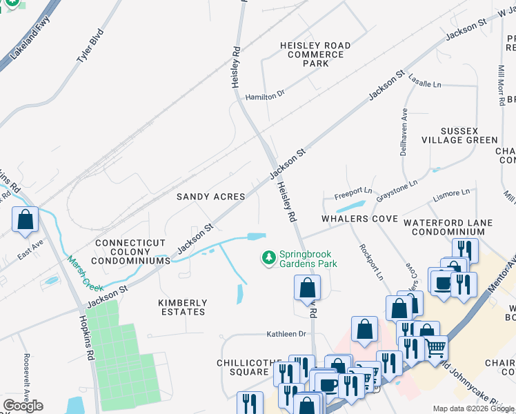 map of restaurants, bars, coffee shops, grocery stores, and more near 6658 Spring Gardens Drive in Mentor