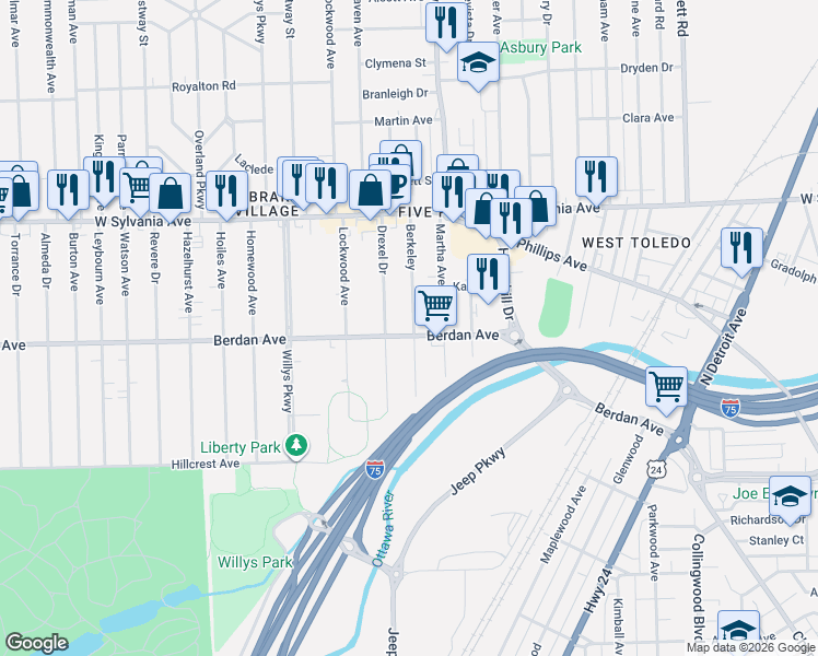 map of restaurants, bars, coffee shops, grocery stores, and more near 3814 Berkeley in Toledo