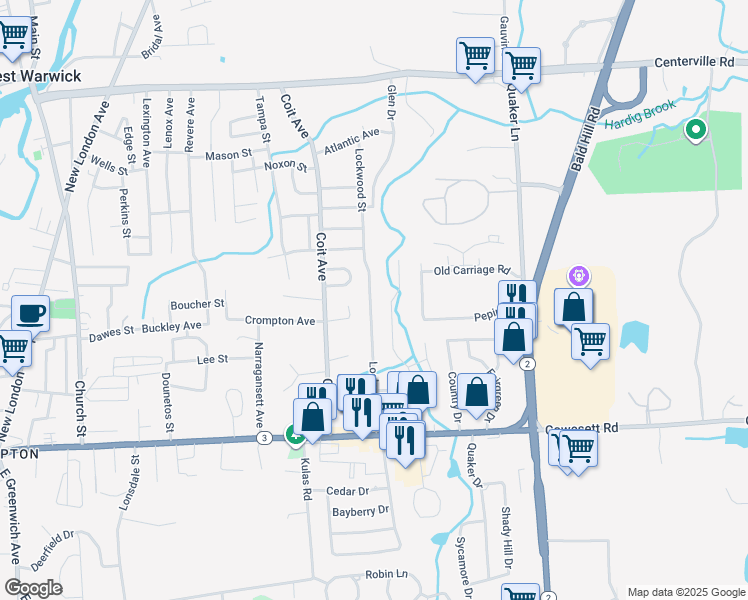 map of restaurants, bars, coffee shops, grocery stores, and more near 124 Lockwood Street in West Warwick