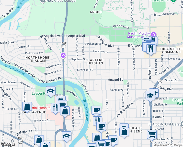 map of restaurants, bars, coffee shops, grocery stores, and more near 412 Saint Vincent Street in South Bend