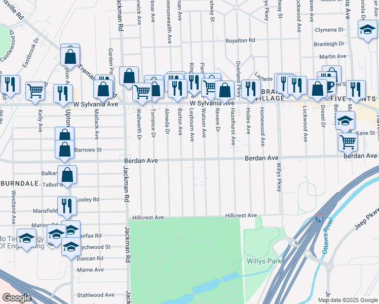 map of restaurants, bars, coffee shops, grocery stores, and more near 3823 Burton Avenue in Toledo