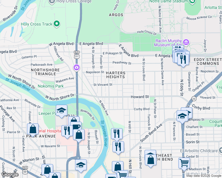 map of restaurants, bars, coffee shops, grocery stores, and more near 412 Saint Vincent Street in South Bend