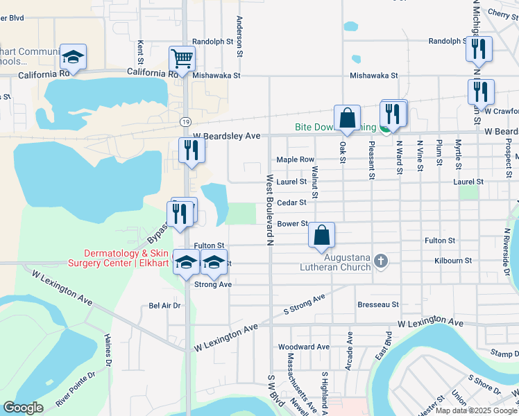 map of restaurants, bars, coffee shops, grocery stores, and more near 1628 Cedar Street in Elkhart