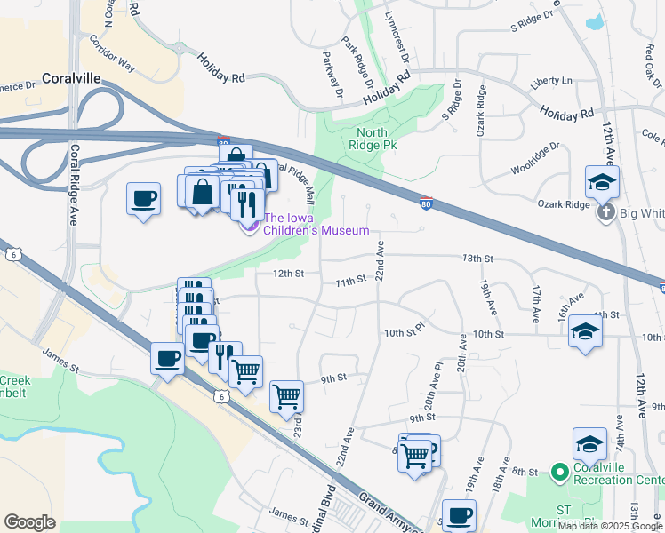 map of restaurants, bars, coffee shops, grocery stores, and more near 2258 13th Street in Coralville