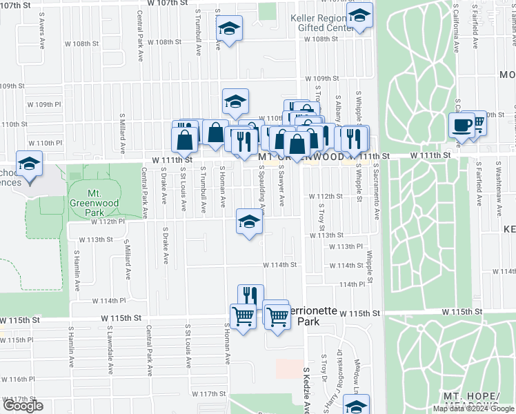 map of restaurants, bars, coffee shops, grocery stores, and more near 11212 South Spaulding Avenue in Chicago