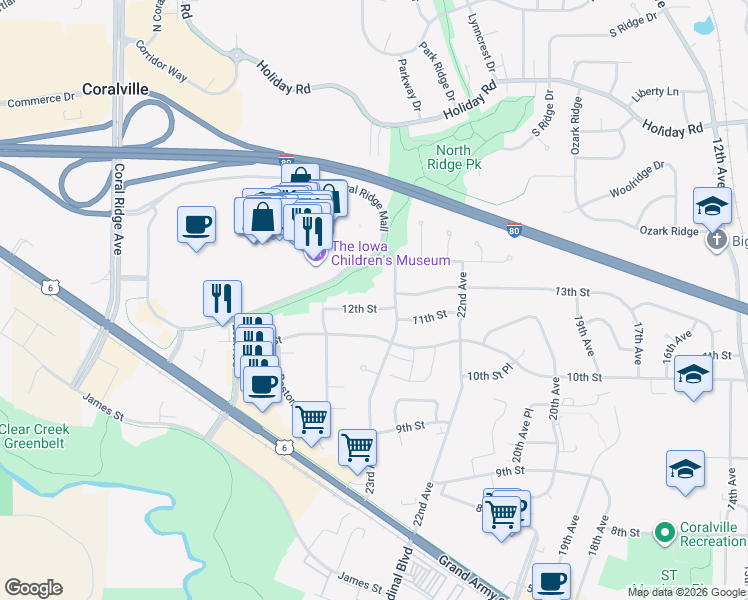 map of restaurants, bars, coffee shops, grocery stores, and more near 2319 12th Street in Coralville