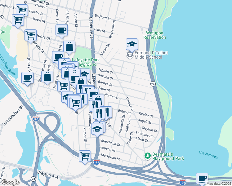 map of restaurants, bars, coffee shops, grocery stores, and more near in Fall River