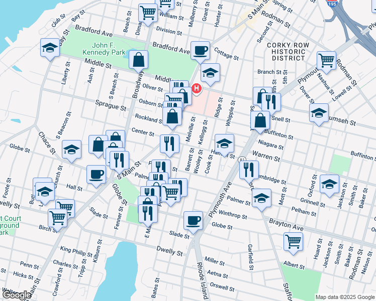 map of restaurants, bars, coffee shops, grocery stores, and more near 83 Hamlet Street in Fall River