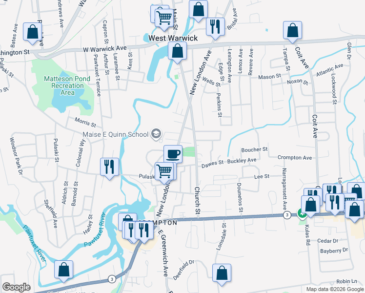 map of restaurants, bars, coffee shops, grocery stores, and more near 1588 Main Street in West Warwick