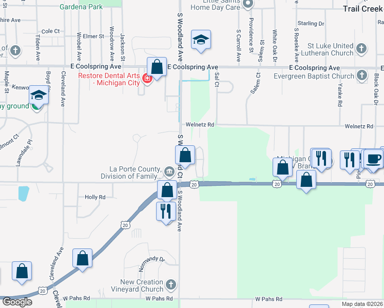 map of restaurants, bars, coffee shops, grocery stores, and more near 318 Woods Edge Drive in Michigan City