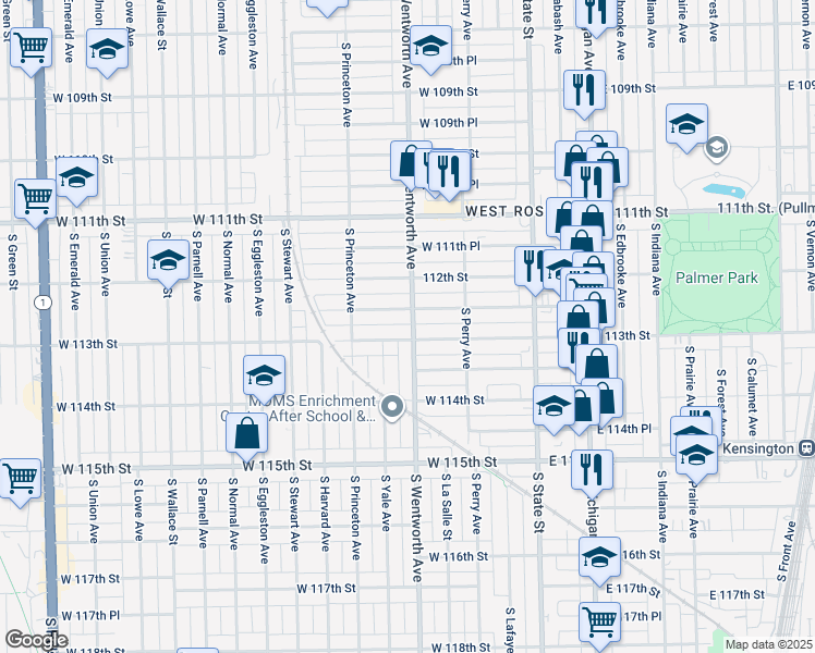 map of restaurants, bars, coffee shops, grocery stores, and more near 11248 South Wentworth Avenue in Chicago