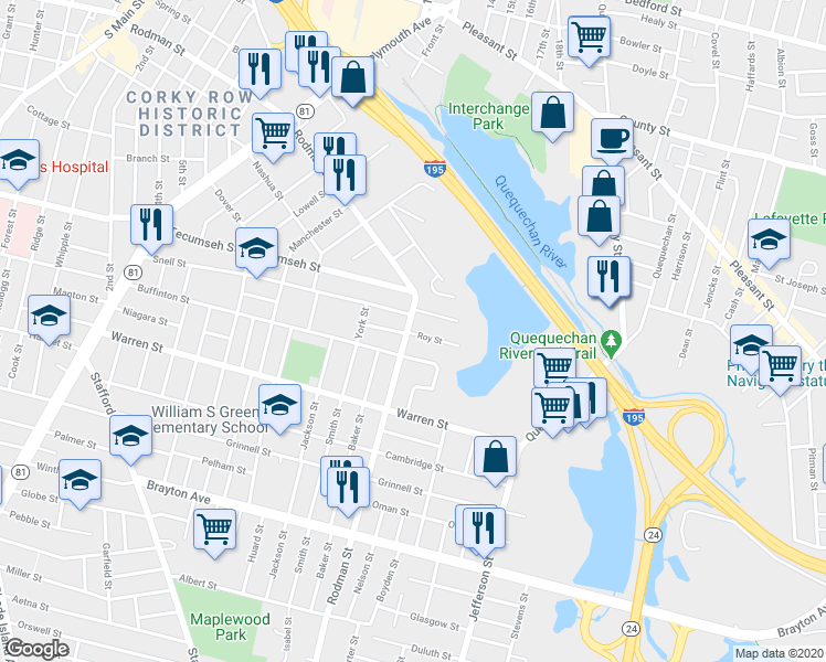 map of restaurants, bars, coffee shops, grocery stores, and more near 951 Rodman Street in Fall River