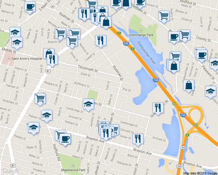 map of restaurants, bars, coffee shops, grocery stores, and more near 49 York Street in Fall River