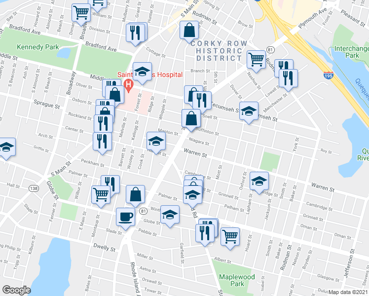 map of restaurants, bars, coffee shops, grocery stores, and more near 45 Niagara Street in Fall River