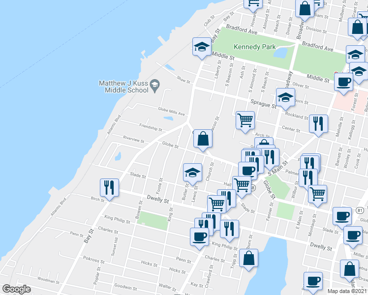 map of restaurants, bars, coffee shops, grocery stores, and more near 132 Globe Street in Fall River