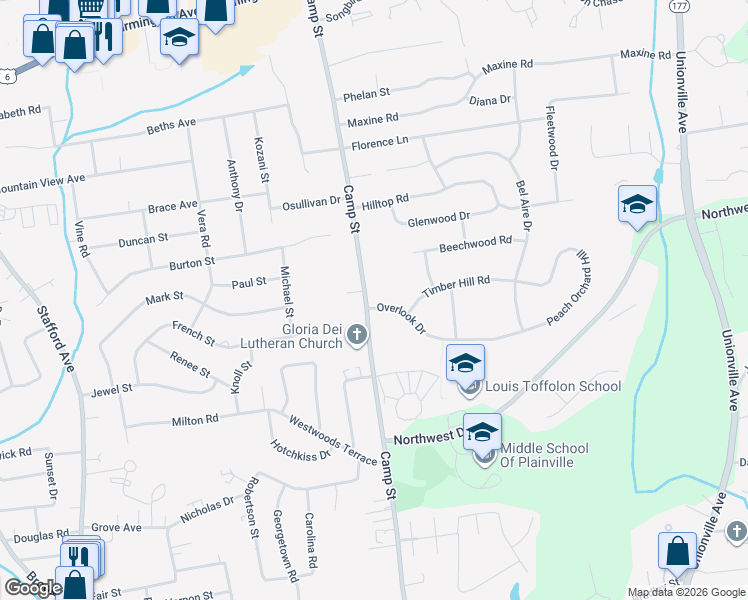 map of restaurants, bars, coffee shops, grocery stores, and more near 2 Overlook Drive in Plainville