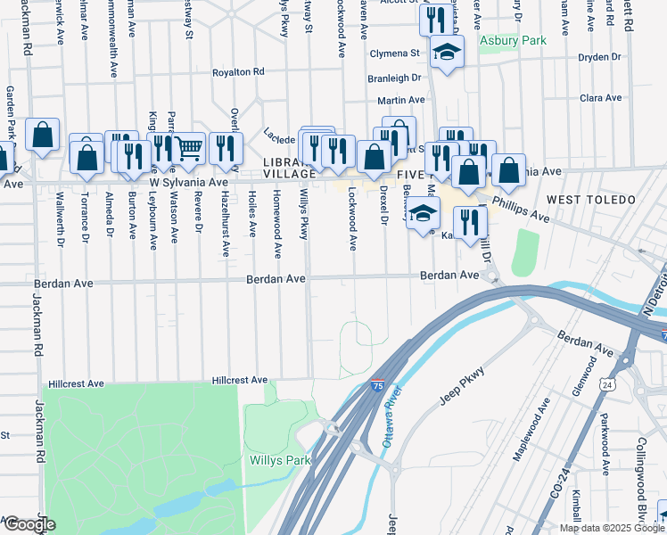 map of restaurants, bars, coffee shops, grocery stores, and more near 3818 Willys Parkway in Toledo