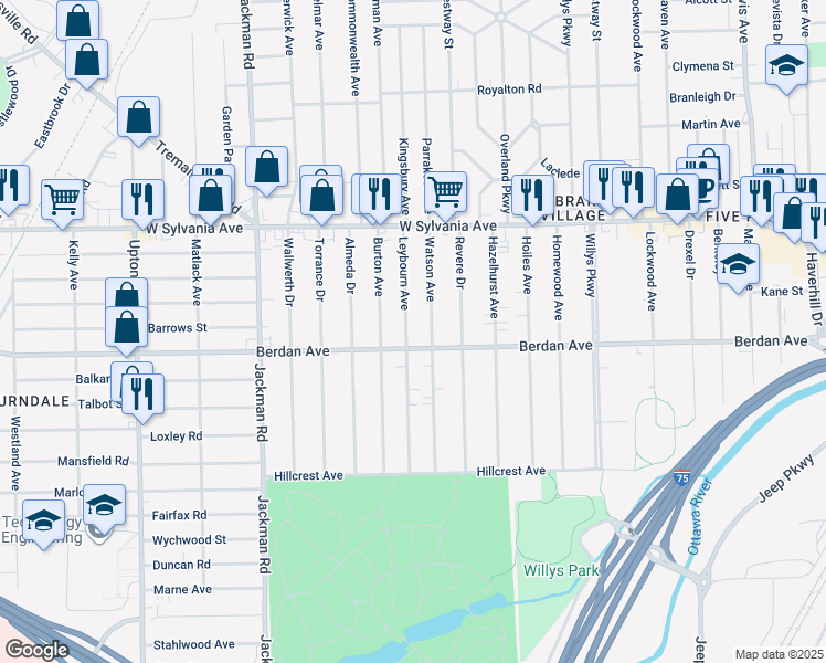map of restaurants, bars, coffee shops, grocery stores, and more near 3822 Leybourn Avenue in Toledo