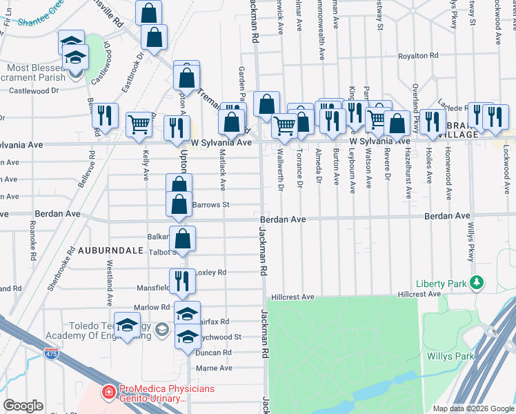 map of restaurants, bars, coffee shops, grocery stores, and more near 3824 Jackman Road in Toledo