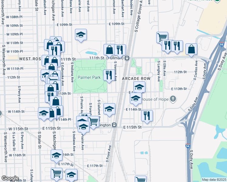 map of restaurants, bars, coffee shops, grocery stores, and more near 11247 South Vernon Avenue in Chicago
