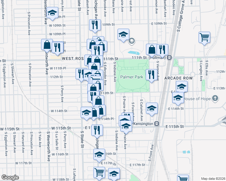 map of restaurants, bars, coffee shops, grocery stores, and more near 11250 South Indiana Avenue in Chicago