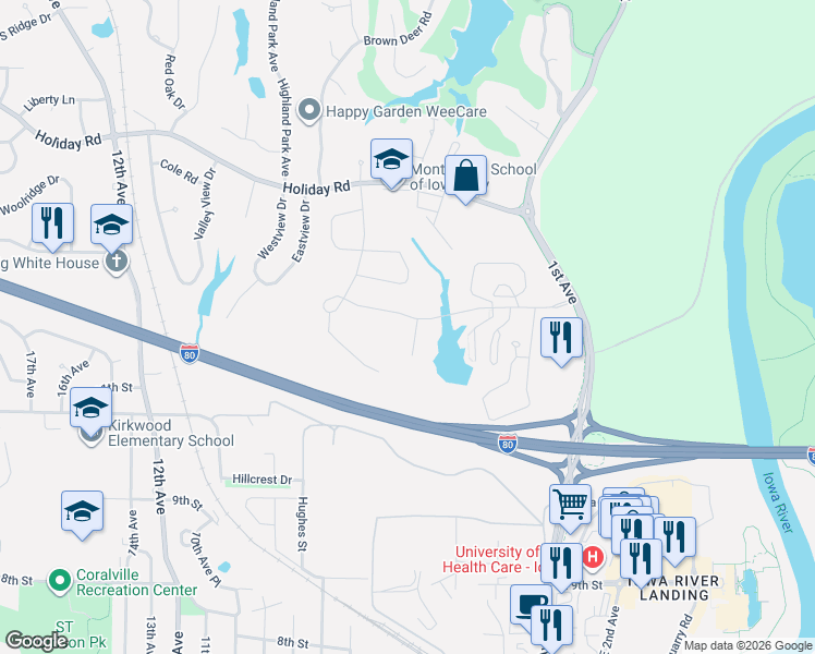 map of restaurants, bars, coffee shops, grocery stores, and more near 300 Sierra Trce in Coralville
