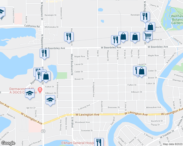 map of restaurants, bars, coffee shops, grocery stores, and more near 1327 Cedar Street in Elkhart