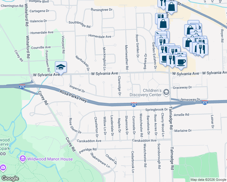 map of restaurants, bars, coffee shops, grocery stores, and more near 3858 Sheffield Court in Toledo