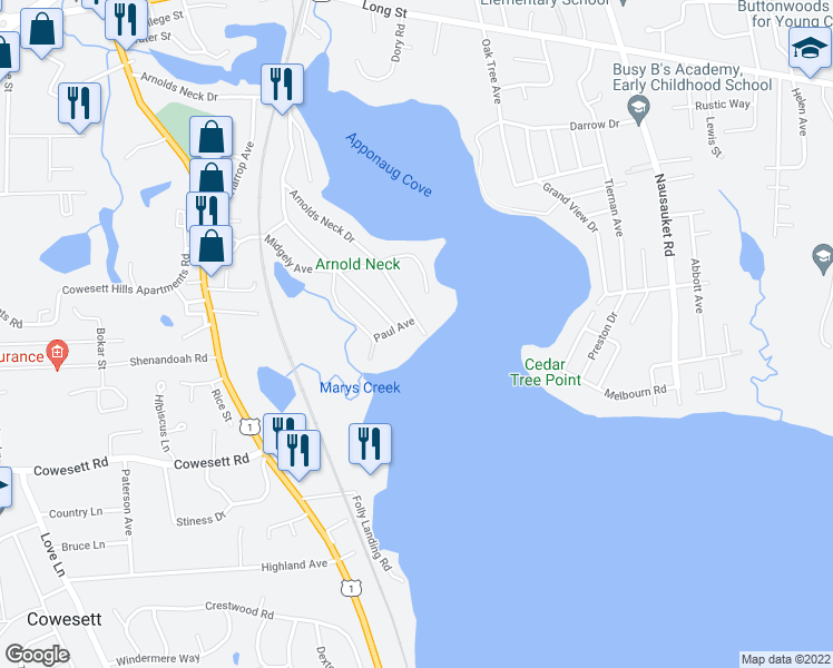 map of restaurants, bars, coffee shops, grocery stores, and more near 4 Paul Avenue in Warwick