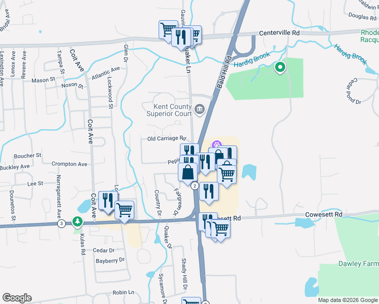 map of restaurants, bars, coffee shops, grocery stores, and more near 255 Quaker Lane in West Warwick