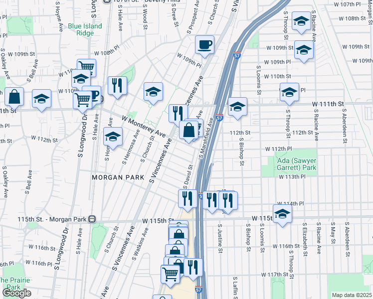 map of restaurants, bars, coffee shops, grocery stores, and more near 1635 West Monterey Avenue in Chicago