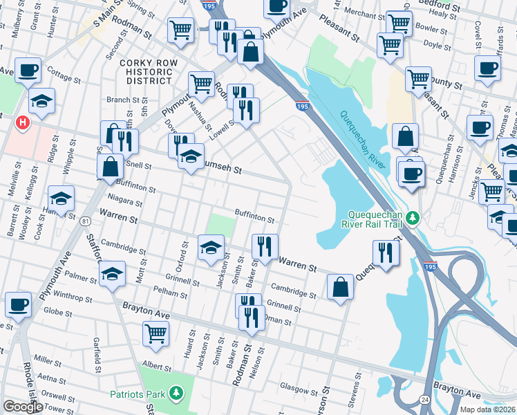 map of restaurants, bars, coffee shops, grocery stores, and more near 50 York Street in Fall River