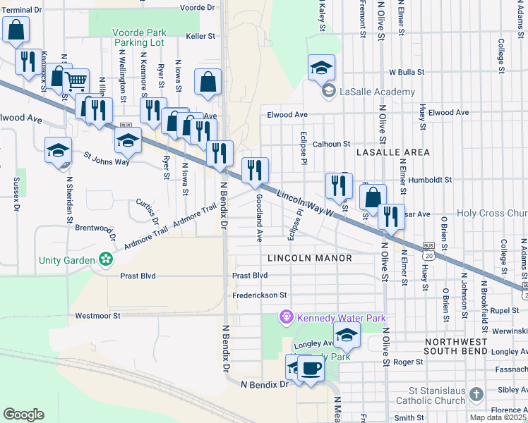 map of restaurants, bars, coffee shops, grocery stores, and more near 1114 Goodland Avenue in South Bend