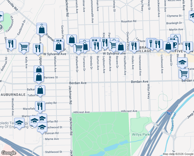 map of restaurants, bars, coffee shops, grocery stores, and more near 3823 Burton Avenue in Toledo