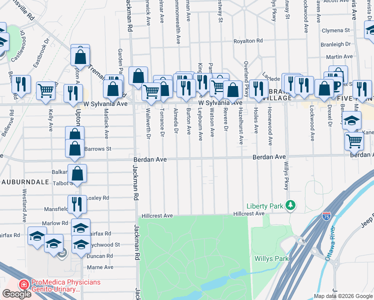 map of restaurants, bars, coffee shops, grocery stores, and more near 3823 Burton Avenue in Toledo
