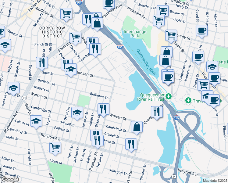 map of restaurants, bars, coffee shops, grocery stores, and more near 951 Rodman Street in Fall River