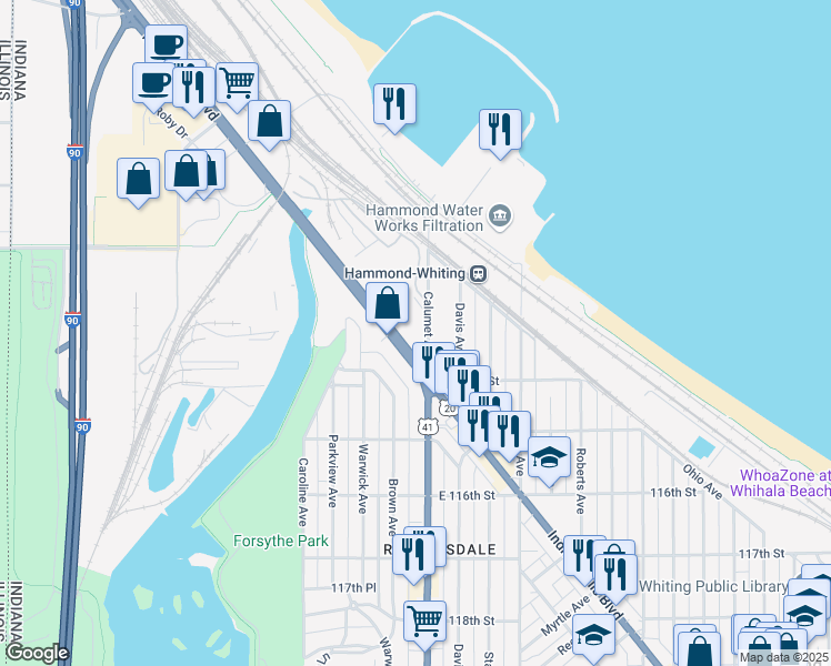 map of restaurants, bars, coffee shops, grocery stores, and more near 2 Calumet Avenue in Hammond
